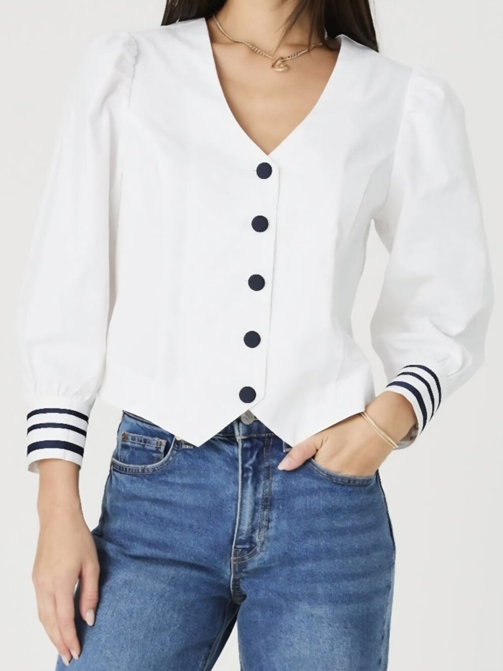 French Connection White Blouse Navy Button & Striped Cuff - M